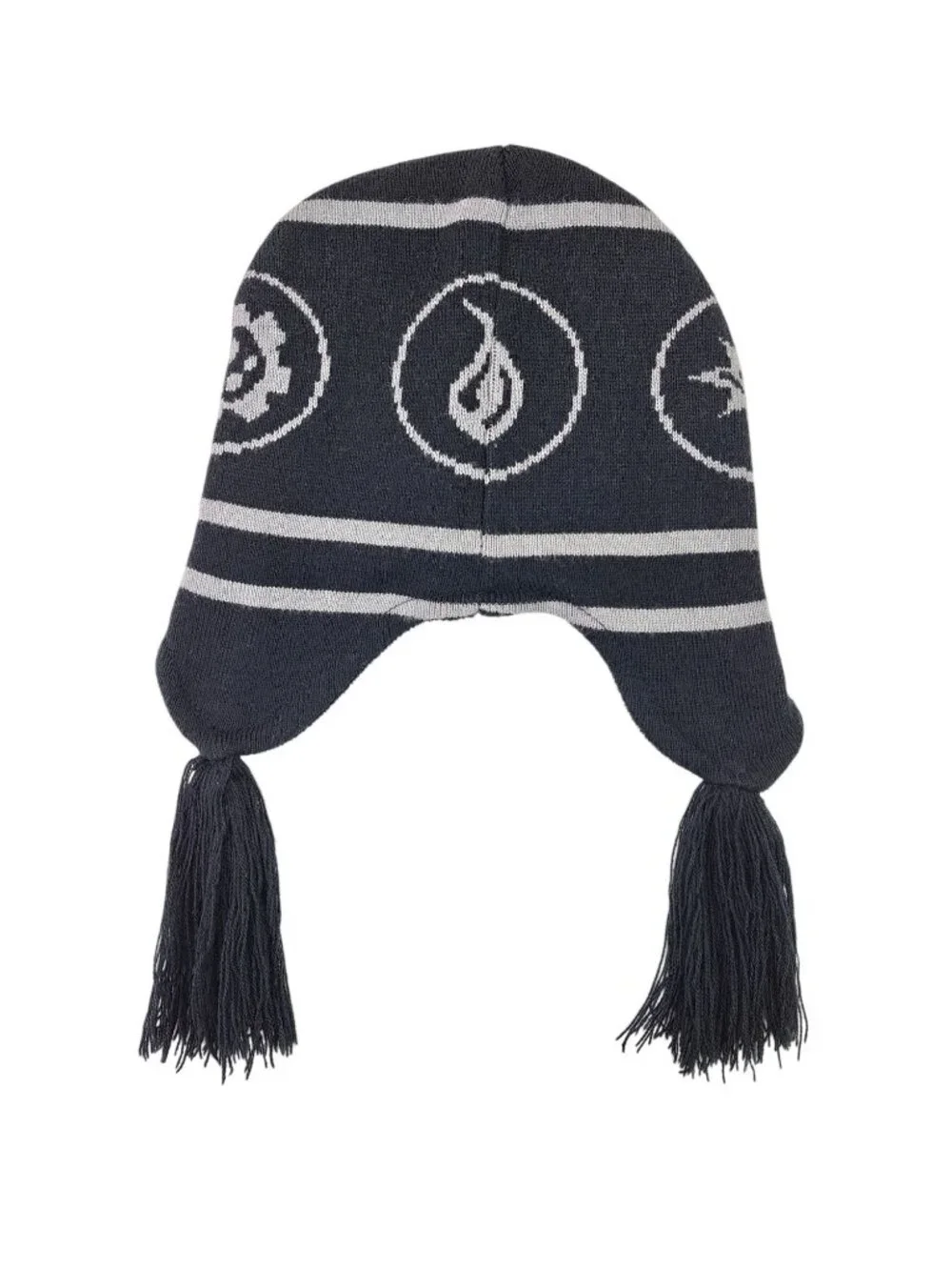 Skylanders Giants Kids Youth Winter Hat Black & Gray Striped With Tassels Beanie